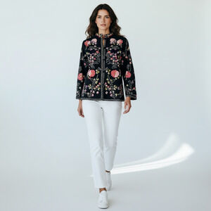 Take Two Clothing Co. Cotton Canvas Black Jacket Boho Floral Embroidery Size M